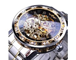 WiseGoods WSS2299 Luxe Mannen Horloge - Mechanisch -  Skeleton Polshorloge - Transparant Case - Luxe Diamant Design - Zilver/Goud