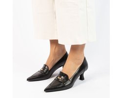 Manfield - Dames - Zwarte leren pumps met goudkleurig detail - Maat 42