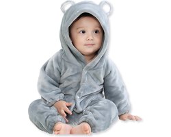 BoefieBoef Grijs Baby Berenpak 0-12 maanden – Zacht Flanel Winterpak - Warme Winter Onesie - Baby Romper met Beren Capuchon - Baby Jumpsuit voor Kinderen - Boxpakje - Pyjama voor Jongens en Meisjes – Kerst cadeau of Kraamcadeau - 1 jaar S