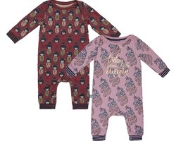 Charlie Choe - 2pack - Donkerrood - Roze - Boxpak - Salopette - Kruippakje - Babypakje - Jumpsuit - Geboortepakje - Romper - Geisha's - Unicorns - Maat 62