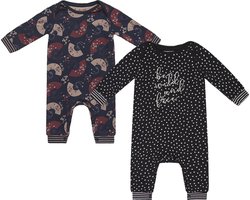 Charlie Choe - 2pack - Navy - Boxpak - Salopette - Kruippakje - Babypakje - Jumpsuit - Geboortepakje - Romper - Waaiers - Stippen - Maat 74