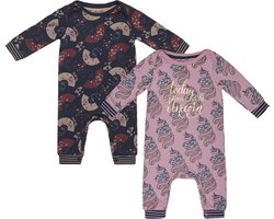 Charlie Choe - 2pack - Navy - Roze - Boxpak - Salopette - Kruippakje - Babypakje - Jumpsuit - Geboortepakje - Romper - Waaiers - Unicorns - Maat 74