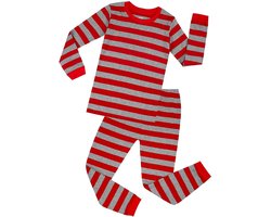 Elowel - Jongen en Meises Gestreepte Pyjama, 2 Delig, 100% Katoen, Comfortabel, Slim fit Broek | 18-24 Maand | Rood en Grijs