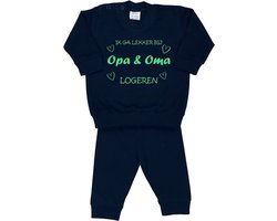 La Petite Couronne Pyjama 2-Delig "Ik ga lekker bij opa & oma logeren" Unisex Katoen Zwart/mint Maat 56/62