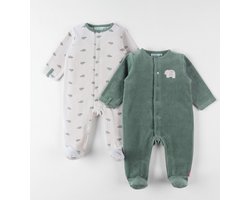 Noukie's - 2 Pack - Pyjama - Velour - Jongens - lichtbeige met bosgroen -12 maand 80