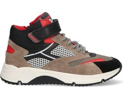 Braqeez 424621-108 Jongens Hoge Sneakers - Taupe/Zwart/Rood - Leer - Veters