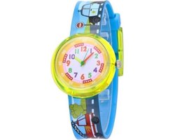 Auto/ brandweerauto - kinderhorloge/ peuter horloge - educatief horloge- jongens - blauw/geel - 30 mm - I-deLuxe verpakking