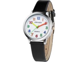 Basic kinderhorloge - kleurrijke wijzerplaat - kunstlederen band - zwart - 30 mm - I-deLuxe verpakking