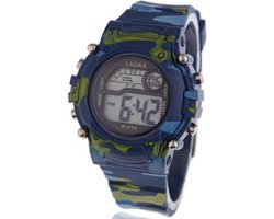 Digitaal stoer kinder camouflage/leger horloge - 38mm - blauw - I-deLuxe verpakking