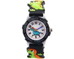 Dinosaurus horloge - 3D - kinderen - zwart - analoog - 28 mm - I-deLuxe verpakking