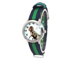 Dinosaurus horloge - Dino Watch blauw/groen - Kinderen - Nylon band - analoog - 30 mm - I-deLuxe verpakking