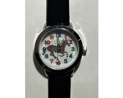 Kinder horloge zwart met paarden afbeelding en leer bandje