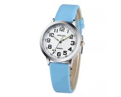 Kinderhorloge met zwarte cijfers en blauw leer bandje