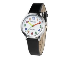 Meisjes horloge zwart met gekleurde cijfers en leer bandje