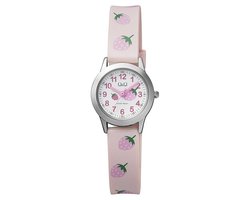 Q&Q QC29J304Y - Horloge - Analoog - Kinderen - Vrouwen - Plastic band - Rond - Cijfers - Metaal - Aardbeien - Roze - Zilverkleurig - Wit