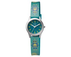 Q&Q QC29J335Y - Horloge - Analoog - Kinderen - Unisex - Plastic band - Rond - Cijfers - Metaal - Groen - Zilverkleurig - Geel