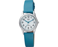 Q&Q QZ09J344Y - Horloge - Analoog - Kinderen - Unisex - Leren band - Rond - Metaal - Cijfers - Blauw - Zilverkleurig - Wit - 3 ATM