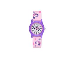 Q&Q V22A-009VY - Horloge - Sport - Analoog - Kinderen - Unisex - Plastic band - Rond - Kunststof - Cijfers - Vlinder - Paars - Roze - Wit - 10 ATM