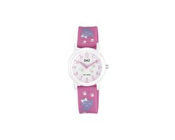 Q&Q V23A-001VY - Horloge - Sport - Analoog - Kinderen - Unisex - Plastic band - Rond - Kunststof - Cijfers - Kat - Roze - Wit - Paars - 10 ATM