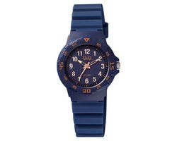 Q&Q VR19J018Y - Horloge - Sport - Analoog - Dames - Vrouwen - Kinderen - Plastic band - Rond - Kunststof - Cijfers - Donkerblauw - Oranje - 10 ATM