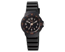 Q&Q VR19J019Y - Horloge - Sport - Analoog - Dames - Vrouwen - Kinderen - Plastic band - Rond - Kunststof - Cijfers - Zwart - Oranje - 10 ATM