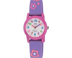 Q&Q VR99J001Y - Horloge - Sport - Analoog - Kinderen - Unisex - Plastic band - Rond - Kunststof - Cijfers - Bloemen - Paars - Roze - Wit - Multi - 10 ATM