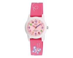 Q&Q VR99J002Y - Horloge - Sport - Analoog - Kinderen - Unisex - Plastic band - Rond - Kunststof - Cijfers - Vlinder - Roze - Wit - Multi - 10 ATM