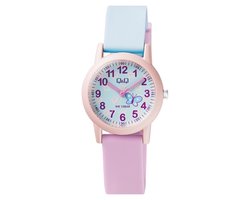 Q&Q VS49J003Y - Horloge - Analoog - Kinderen - Unisex - Plastic band - Rond - Cijfers - Kunststof - Sport - Lichtblauw - Roze - 10 ATM