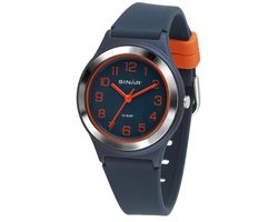 Sinar - Horloge Kind - Kinderhorloge Jongen - Tiener - 10 bar Waterdicht - Analoog - Ø 36 mm - Stevig Siliconen bandje - Verstelbaar (13 - 18,5 cm) - Edelstalen Sluiting - Quartz uurwerk - Blauw / Oranje - XB-48-12