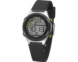 Sinar - Horloge Kind - Kinderhorloge Jongen - Tiener - 10 bar Waterdicht - Ø 34mm - Digitaal - Stevig Siliconen bandje - Verstelbaar (13.5-19cm) - Alarm - Stopwatch - Timer - EL-licht - Edelstalen Sluiting - Quartz uurwerk - Zwart / Zilver - XF 68-1