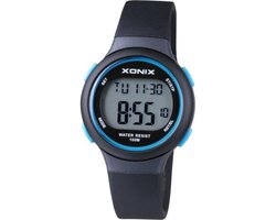 Xonix BAW-007 - Horloge - Digitaal - Dames - Vrouwen - Kinderen - Unisex - Siliconen band - ABS - Cijfers - Achtergrondverlichting - Alarm - Start-Stop - Chronograaf - Tweede tijdzone - Waterdicht - 10 ATM - Zwart - Blauw