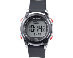 Xonix BAZ-007 - Horloge - Digitaal - Kinderen - Unisex - Rond - Siliconen band - ABS - Cijfers - Achtergrondverlichting - Alarm - Start-Stop - Tweede tijdzone - Datumaanduiding - Waterdicht - 10 ATM - Zwart - Zilverkleurig - Rood