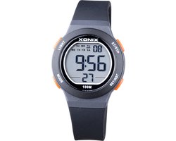 Xonix BBE-005 - Horloge - Digitaal - Kinderen - Unisex - Rond - Siliconen band - ABS - Cijfers - Achtergrondverlichting - Datumaanduiding - Alarm - Start-Stop - Chronograaf - Tweede tijdzone - Zwart - Grijs - Oranje - Waterdicht - 10 ATM