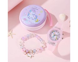 1 Stuks Meisje Schattige Student Kleine Verse Eenhoorn Roze Licht Kwarts Siliconen Horloge + 1 Stuks Burst Bead Armband + 1 Stuks Roze Doos Set