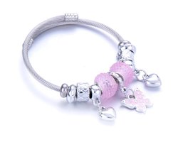 Armband Meisje- Zilver- Roze- Kralen- Vlinder- Kind- LiLaLove