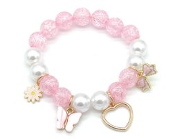 Armbandje - bedels - roze - kids - meisjes - hartje - bloemetje - vlinder - strik - elastiek - hip - tijdloos - cadeau - verjaardag -