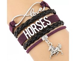 Armbandje zwart met paars met paarden (Horses) bedel