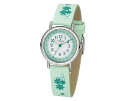 Atrium - Horloge Kind - Kinderhorloge Meisjes - Mintgroen - Kristal Steentjes - Analoog - 3 bar - Groene Bloemen - Leercijferblad - A47-13