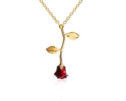 Bixorp Love - Goudkleurige ketting met Rode Roos - Metalen Rozen ketting - Cadeau voor Dames & Meisjes