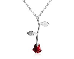 Bixorp Love - Zilverkleurige ketting met Rode Roos - Metalen Rozen ketting - Cadeau voor Dames & Meisjes