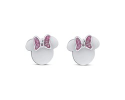 Disney 4-DIS046 Minnie Mouse Oorbellen - Minnie Oorknopjes - Disney Sieraden - 7,8x8mm - Roze Emaille Strikje - Staal - Hypoallergeen - Zilverkleurig