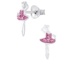 Joy|S - Zilveren ballerina ballet danseres oorbellen - 6 x 12 - mm roze kristal - kinderoorbellen