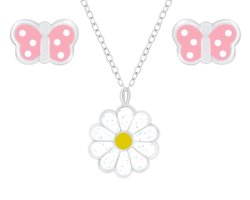 Joy|S - Zilveren bloem hanger met ketting en vlinder oorbellen set - voor kinderen