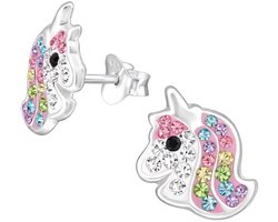 Joy|S - Zilveren eenhoorn oorbellen - roze met verschillende kleurtjes kristal - 10 x 9 mm - unicorn oorknoppen - kinderoorbellen