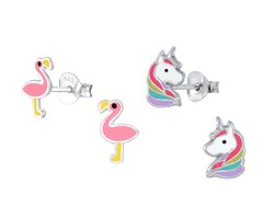 Joy|S - Zilveren flamingo en multicolor eenhoorn oorbellen - set 2 paar - kinderoorbellen