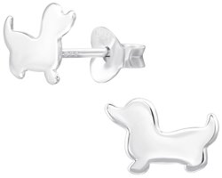 Joy|S - Zilveren hond oorbellen - teckel - 9.5 x 6.7 mm - egaal zilver - kinderoorbellen