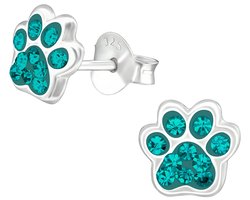 Joy|S - Zilveren kat hond dierenpoot oorbellen - 7 x 6 mm - turquoise blauw kristal - poot afdruk - kinderoorbellen