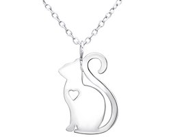 Joy|S - Zilveren kat poes hanger - met hartje - inclusief ketting 45 cm - egaal zilver