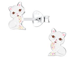 Joy|S - Zilveren kat poes oorbellen - 5 x 8 mm - wit met glitterbuikje - roze oortjes - kinderoorbellen