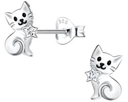 Joy|S - Zilveren kat poes oorbellen - zilver met ster - 7 x 9 mm - sterling zilver 925